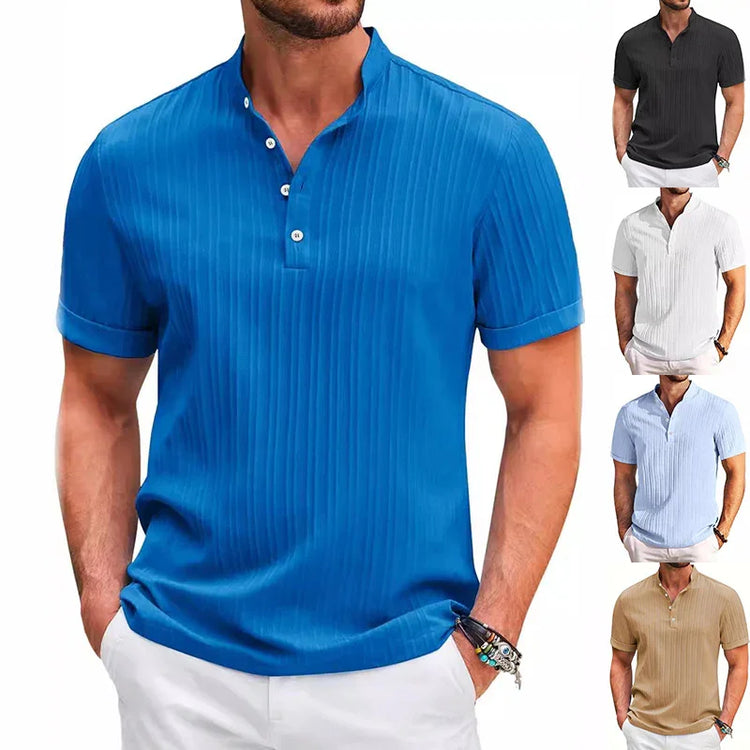 Men’s short sleeve ribbed knit henley shirt in blue, black, white, light blue, and beige, slim fit, casual style