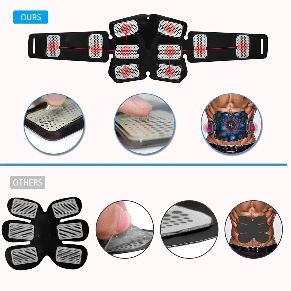 Black and silver abdominal muscle stimulator belt with adjustable fit, shown on toned abs.