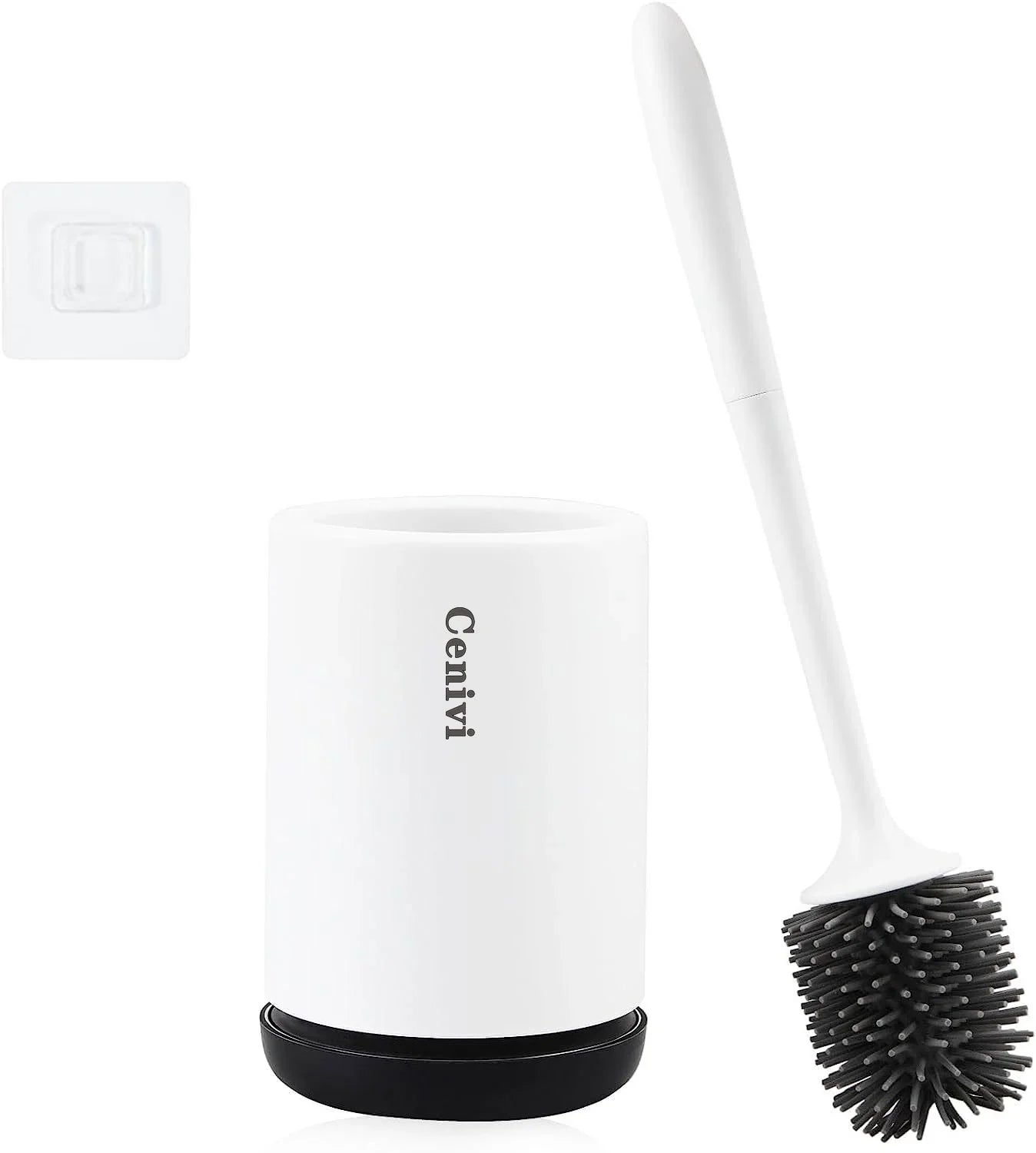 White modern silicone toilet brush with black bristles and matching holder