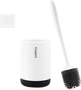 White modern silicone toilet brush with black bristles and matching holder