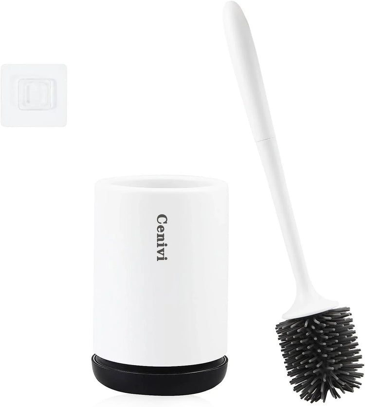 White modern silicone toilet brush with black bristles and matching holder