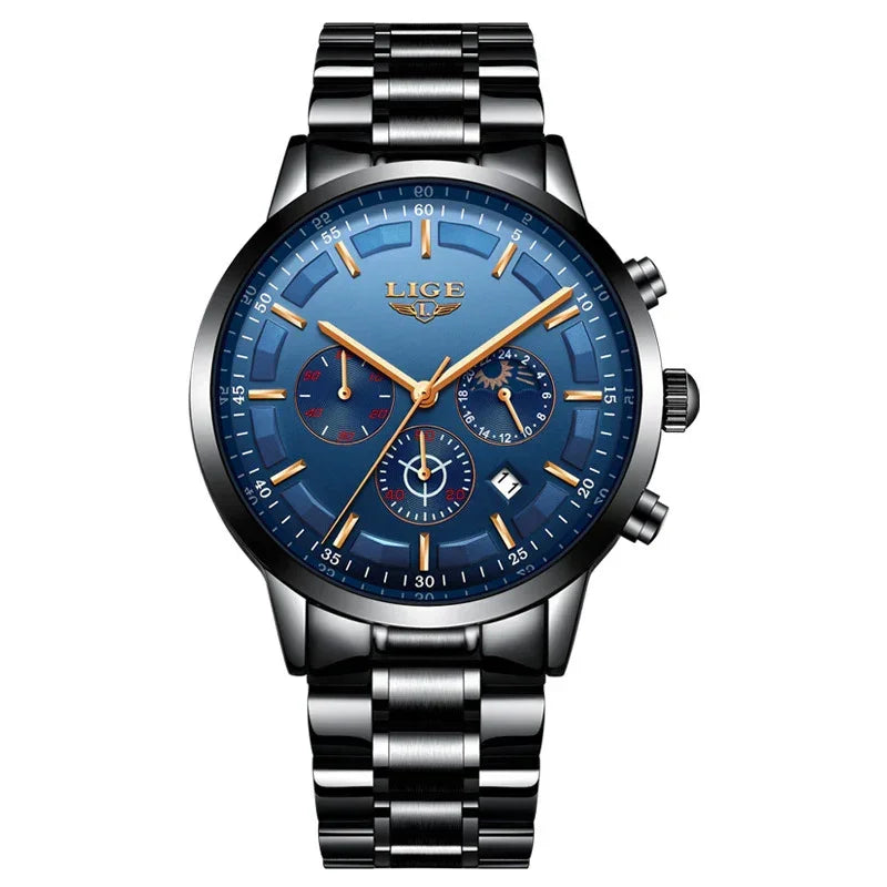 Men's stainless steel wristwatch with blue dial, gold accents, and multi-function subdials