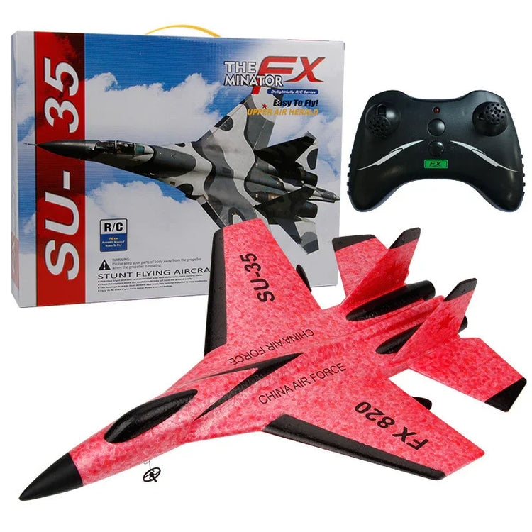 Red and black foam remote control jet toy, with packaging and controller displayed.