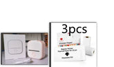 Compact portable thermal printer with charging cable and three rolls of thermal paper.