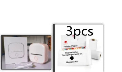 Compact portable thermal printer with charging cable and three rolls of thermal paper.