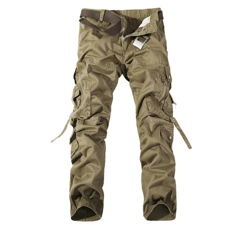 Men's khaki cargo pants with multiple pockets, adjustable straps, relaxed fit, cotton fabric