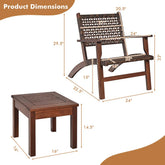 Modern wooden lounge chair and side table with woven rattan seat, brown finish, size details shown