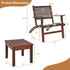 Modern wooden lounge chair and side table with woven rattan seat, brown finish, size details shown