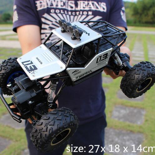 Person in casual streetwear holding a black and white off-road RC truck outdoors