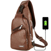 Brown USB portable charging chest bag messenger bag with multiple zippered pockets and headphone jack design