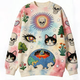 Colorful oversized sweatshirt with embroidered skulls, cats, flowers, and cosmic graphic on tie-dye fabric