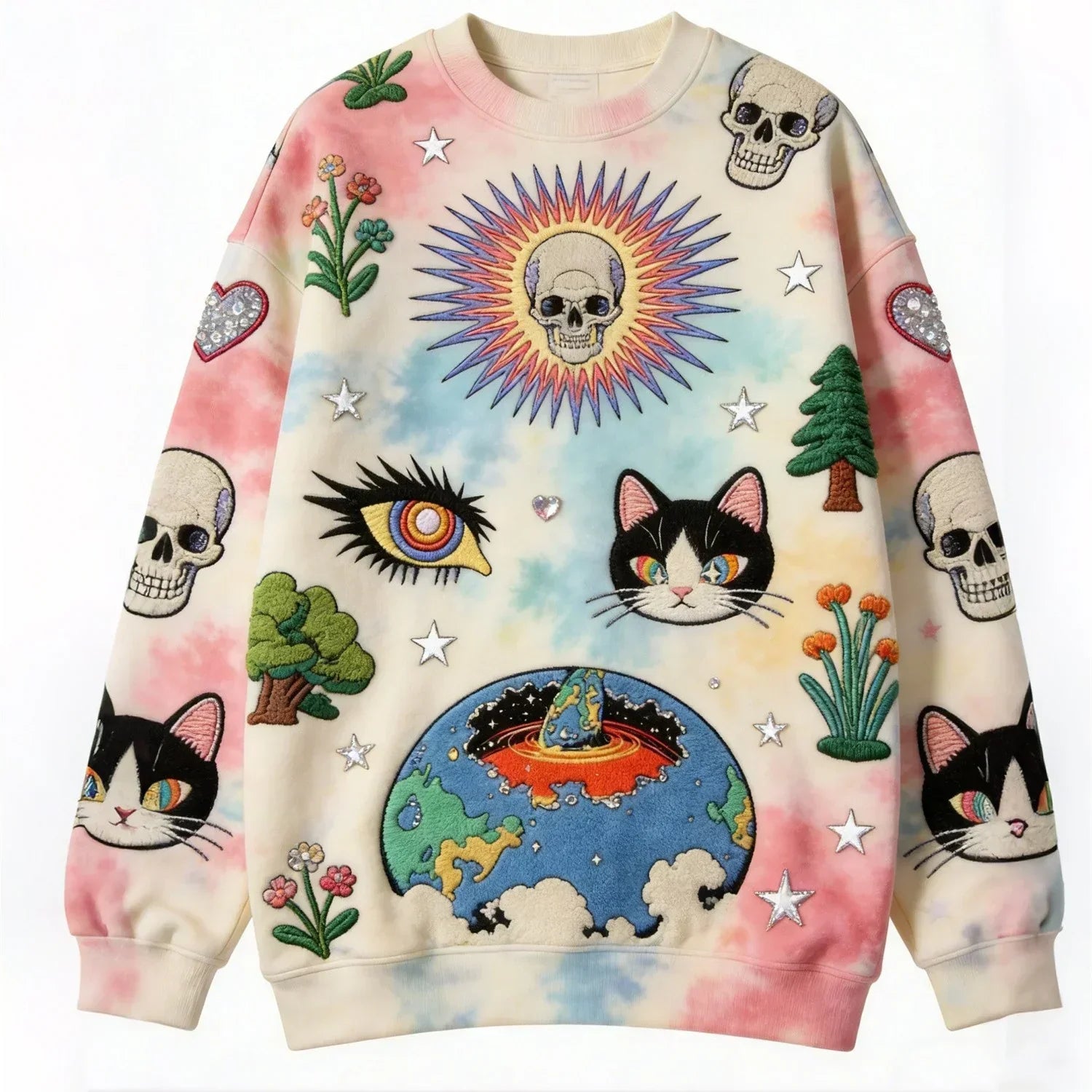 Colorful oversized sweatshirt with embroidered skulls, cats, flowers, and cosmic graphic on tie-dye fabric