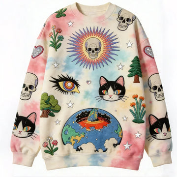 Colorful oversized sweatshirt with embroidered skulls, cats, flowers, and cosmic graphic on tie-dye fabric
