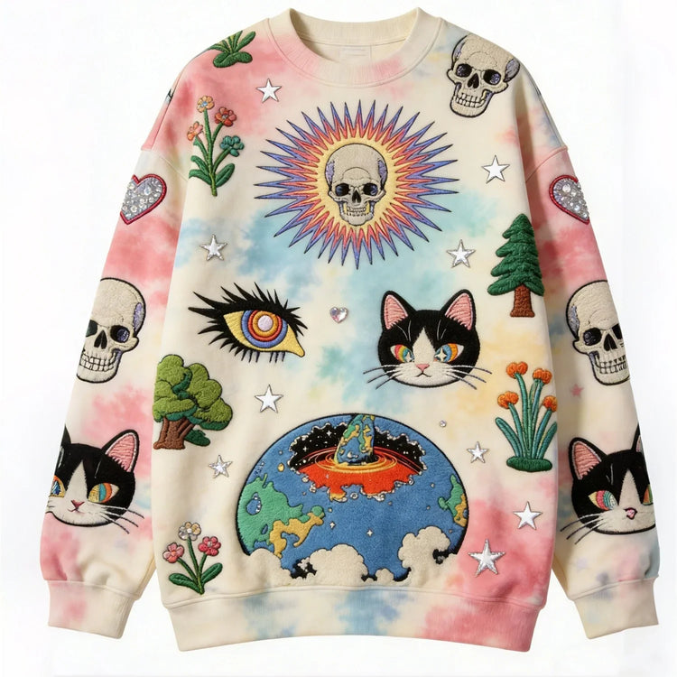 Colorful oversized sweatshirt with embroidered skulls, cats, flowers, and cosmic graphic on tie-dye fabric