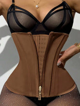 Woman wearing brown waist trainer corset with hook and zip closure, paired with sheer black lingerie and fishnet tights