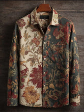 Long sleeve shirt with floral pattern, mixed beige and dark green, relaxed fit, textured fabric