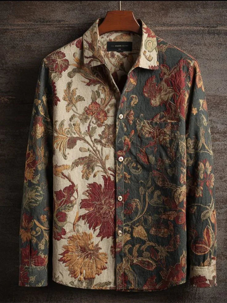 Long sleeve shirt with floral pattern, mixed beige and dark green, relaxed fit, textured fabric