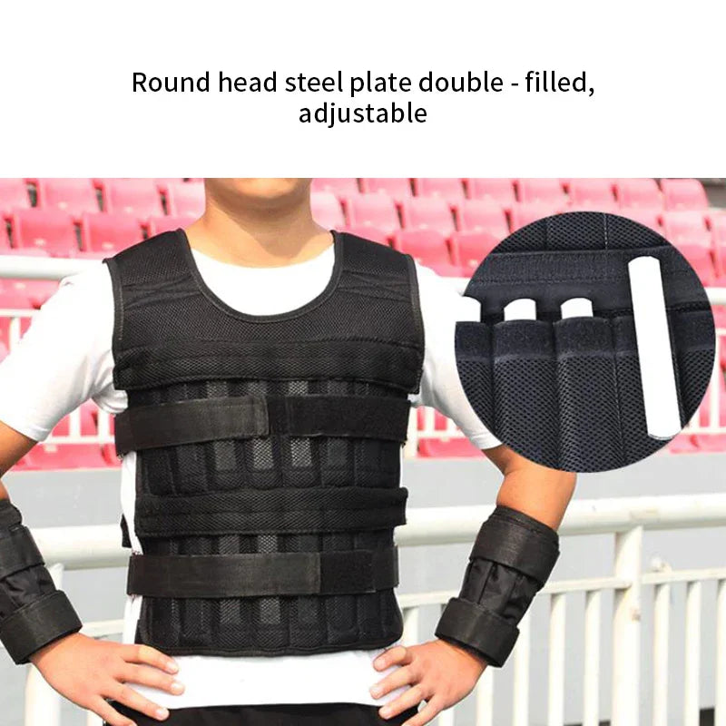 Black adjustable mesh vest with arm guards, steel plate inserts, unisex fit, outdoor setting