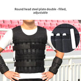 Black adjustable mesh vest with arm guards, steel plate inserts, unisex fit, outdoor setting