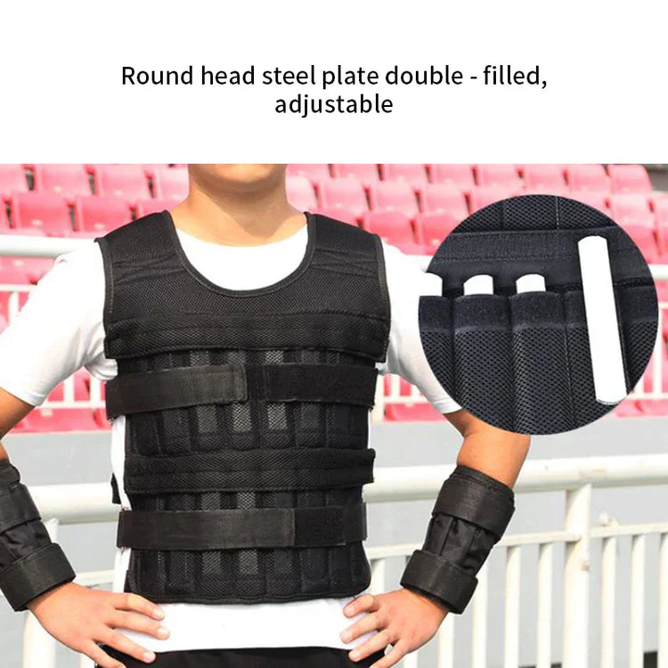 Black adjustable mesh vest with arm guards, steel plate inserts, unisex fit, outdoor setting