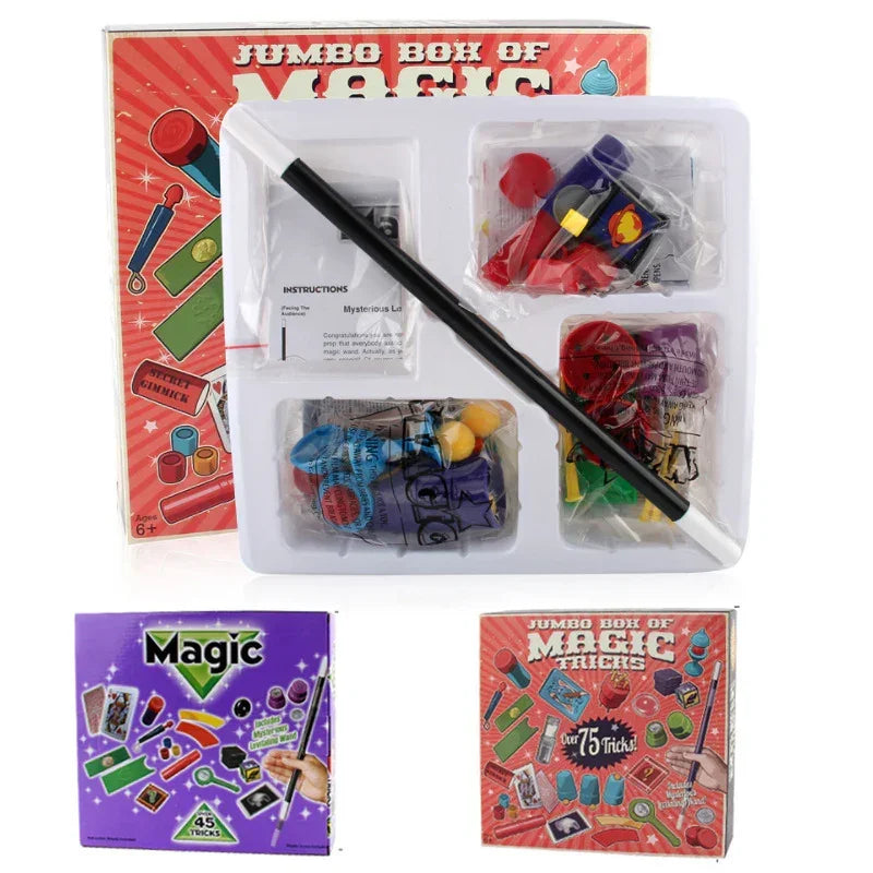 Jumbo magic tricks kit with colorful props, black wand, and illustrated box packaging