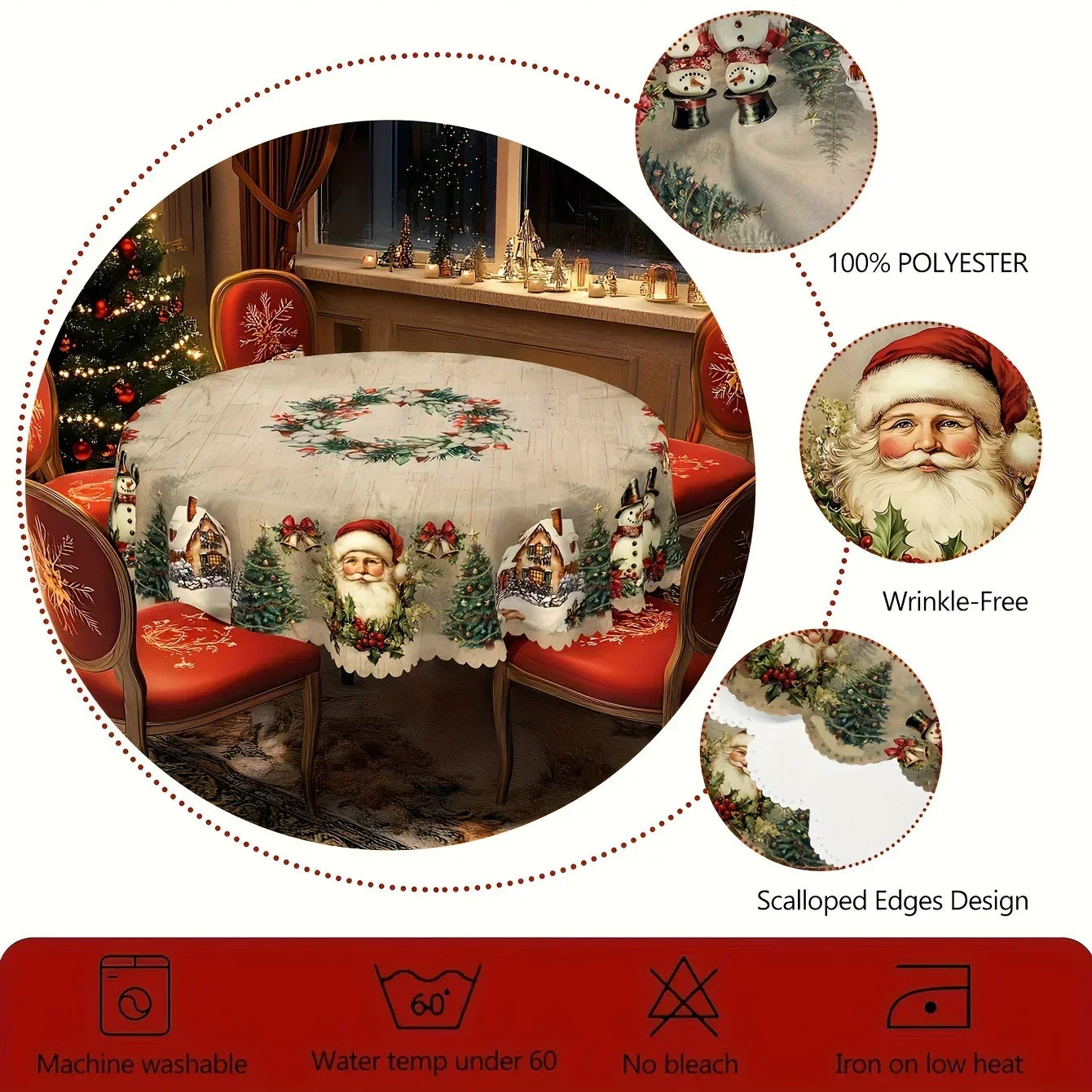 Round Christmas tablecloth with Santa, snowman, tree print, wrinkle-free polyester, scalloped edge