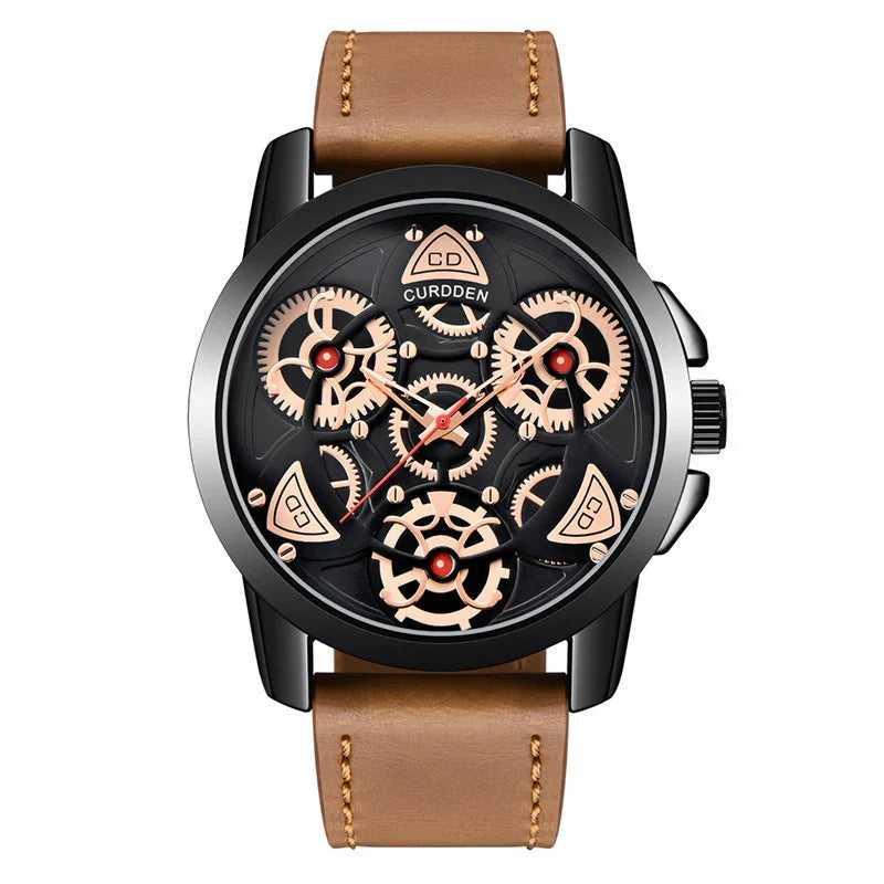 Futuristic skeleton dial watch with brown leather strap and visible rose gold gears