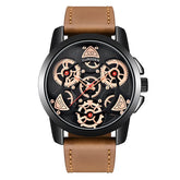 Futuristic skeleton dial watch with brown leather strap and visible rose gold gears