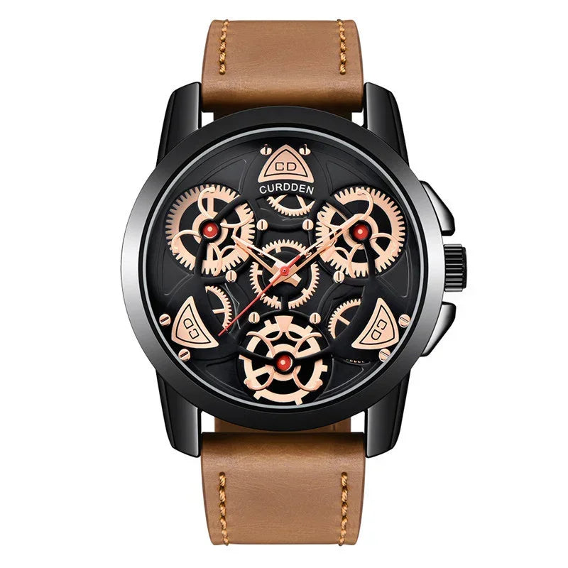 Futuristic skeleton dial watch with brown leather strap and visible rose gold gears