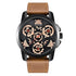 Futuristic skeleton dial watch with brown leather strap and visible rose gold gears