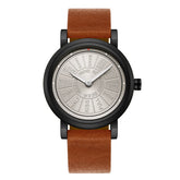 Modern watch with brown leather strap and silver dial featuring engraved phrases, minimal style