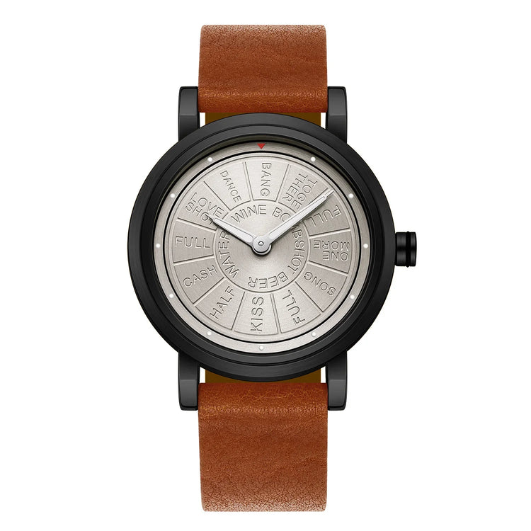 Modern watch with brown leather strap and silver dial featuring engraved phrases, minimal style