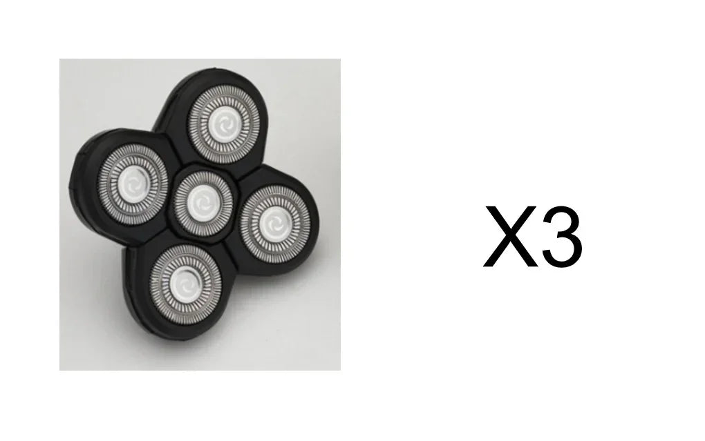Black electric shaver head replacement with five rotary silver blades, quantity three