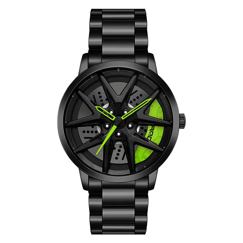 Black metal wristwatch with green accents, futuristic open dial, and bold streetwear style.