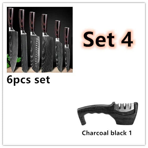 Charcoal black knife sharpener and 6-piece black chef knife set with patterned blades