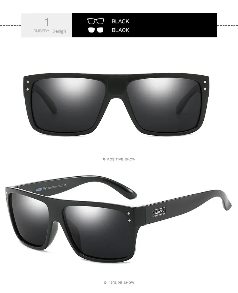Rectangular black sunglasses with glossy plastic frame, silver rivets, and dark lenses.