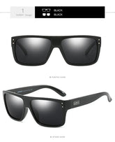 Rectangular black sunglasses with glossy plastic frame, silver rivets, and dark lenses.