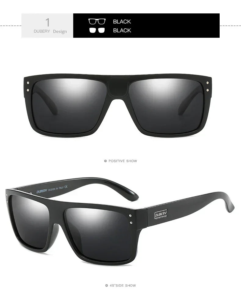 Rectangular black sunglasses with glossy plastic frame, silver rivets, and dark lenses.