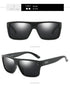 Rectangular black sunglasses with glossy plastic frame, silver rivets, and dark lenses.