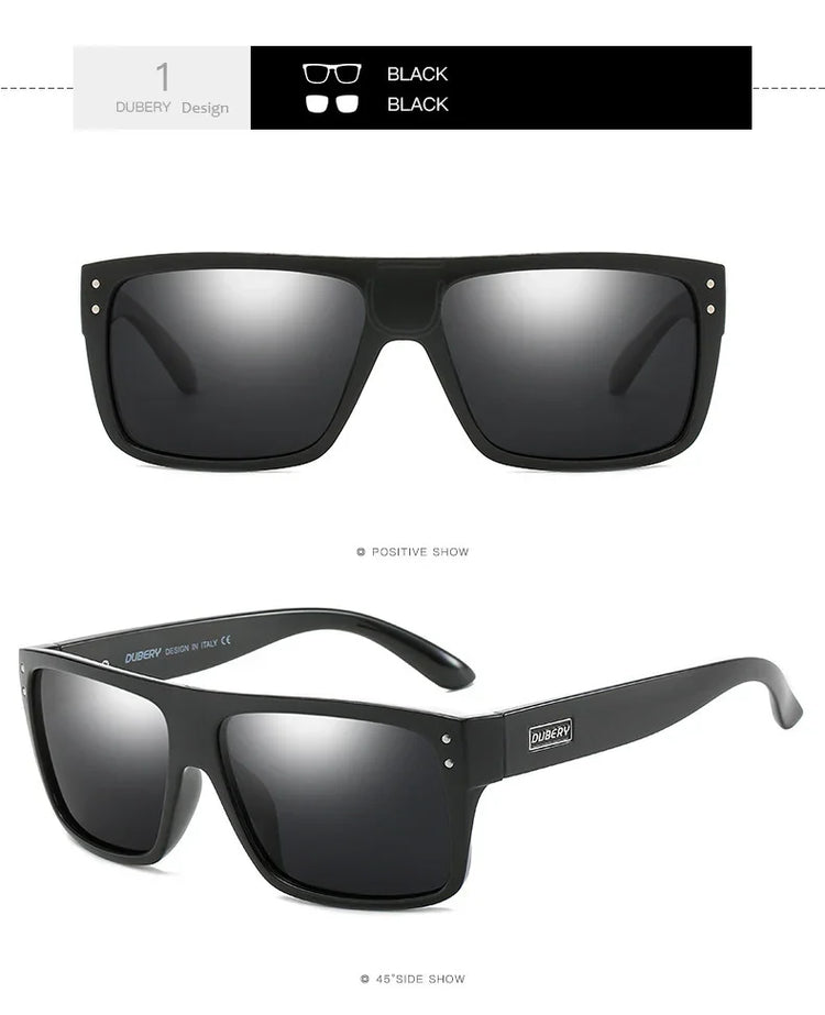 Rectangular black sunglasses with glossy plastic frame, silver rivets, and dark lenses.