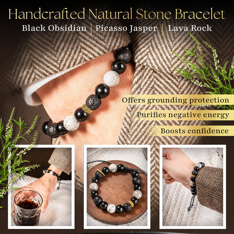Black obsidian, picasso jasper, and lava rock handcrafted natural stone bracelet for men offering grounding protection and boosting confidence