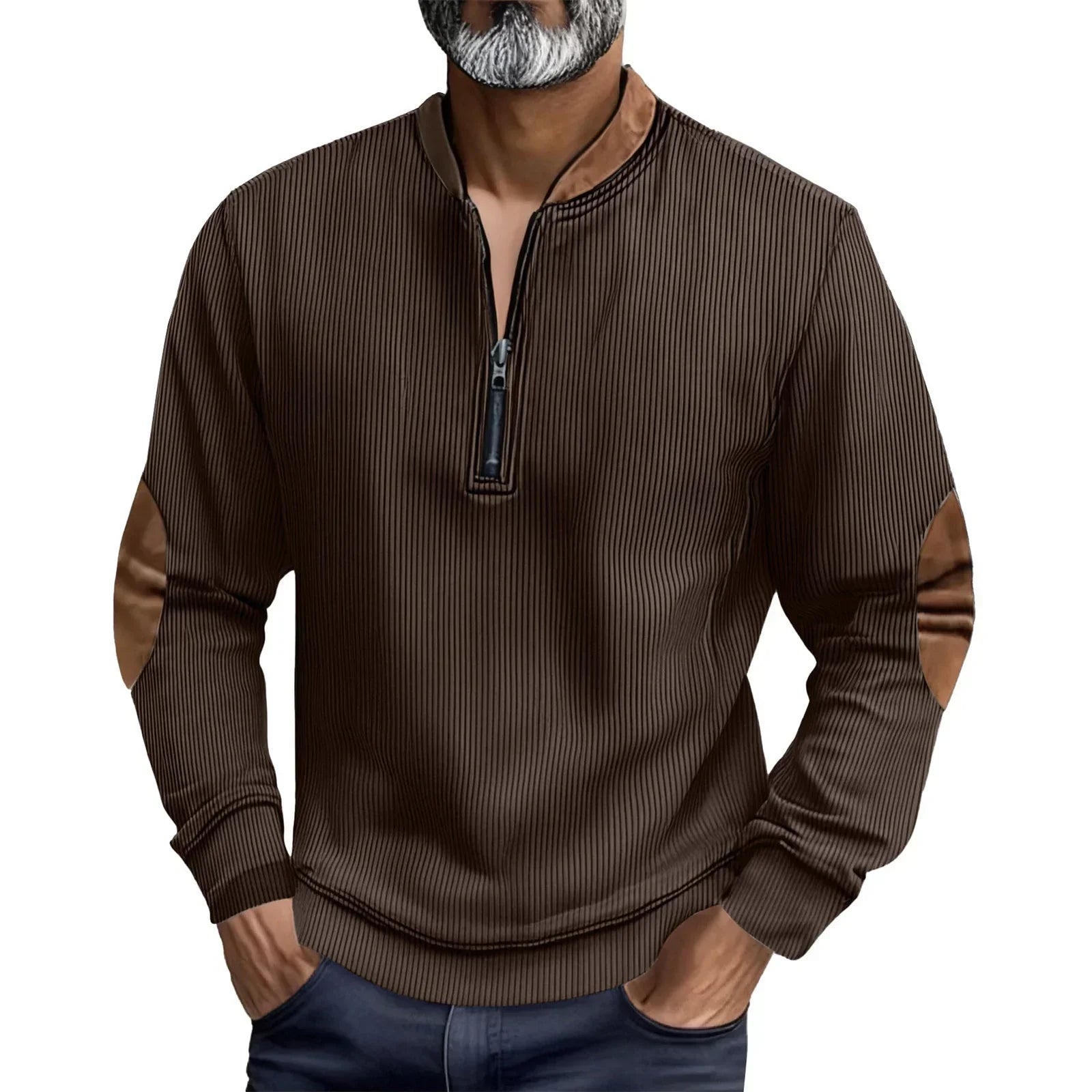 Men's brown striped quarter-zip pullover with suede elbow patches and relaxed fit.