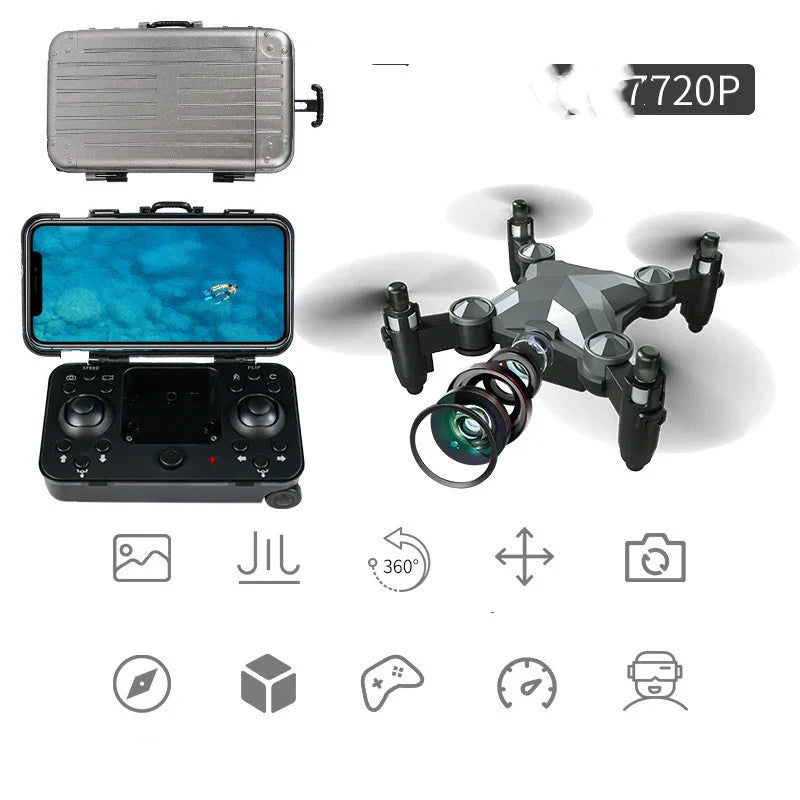 Compact black quadcopter drone with camera, remote control, carrying case, and flight features icons.