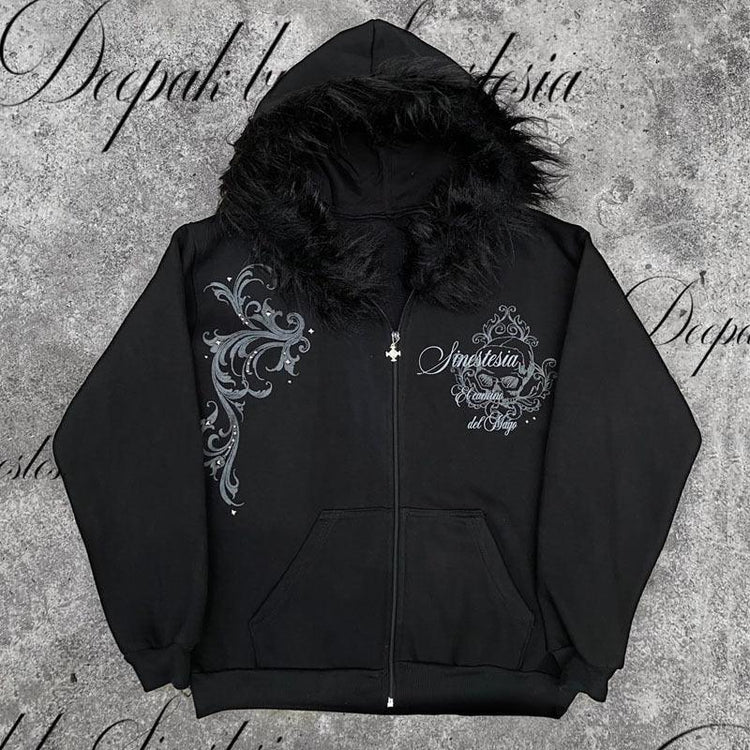 Black zip-up hoodie with faux fur hood, silver graphic designs, relaxed fit streetwear style