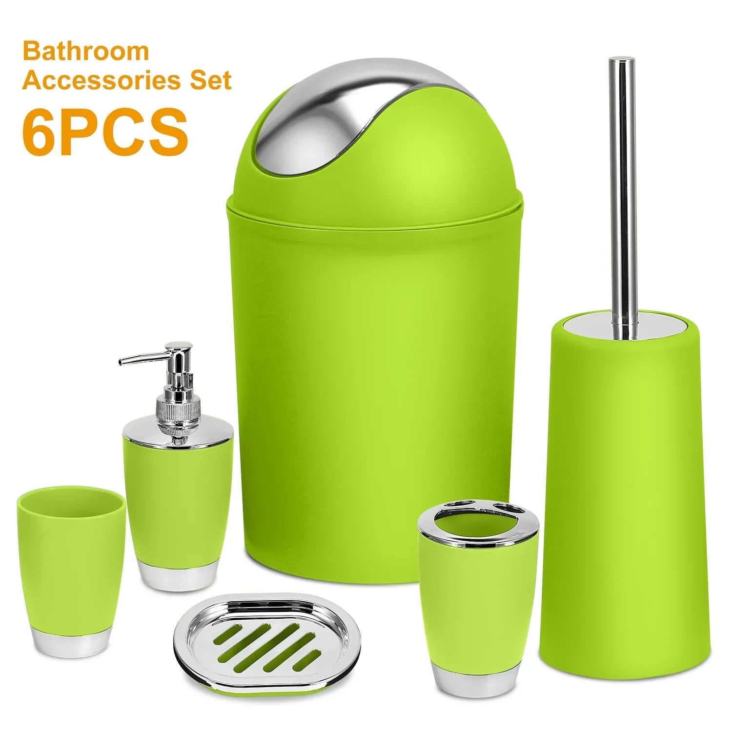 Green bathroom accessories set with metallic accents, includes bin, soap dispenser, toothbrush holder, cup, soap dish, toilet brush