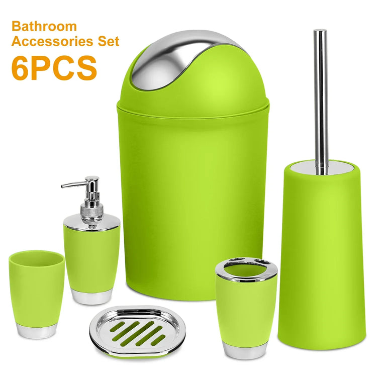 Green bathroom accessories set with metallic accents, includes bin, soap dispenser, toothbrush holder, cup, soap dish, toilet brush