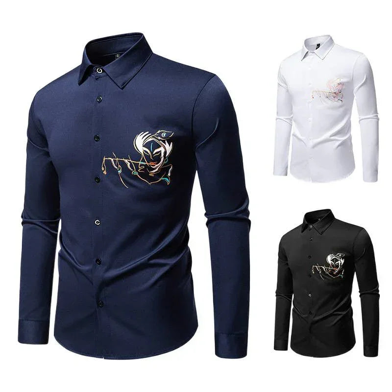 Men's slim fit long sleeve shirt in navy, white, and black with abstract chest embroidery