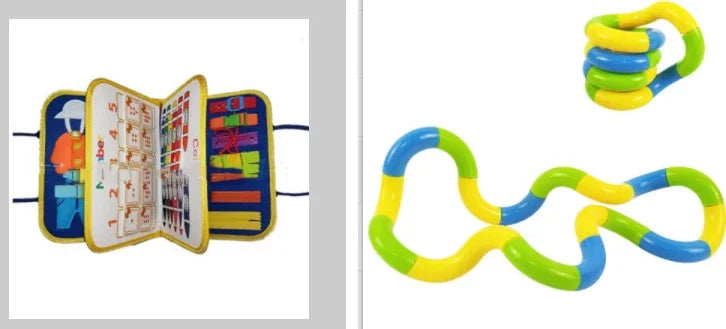 Colorful interactive book and flexible fidget toy in yellow, blue, and green plastic.