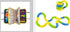 Colorful interactive book and flexible fidget toy in yellow, blue, and green plastic.
