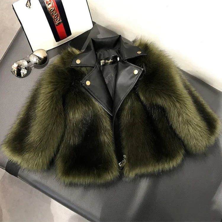 Green faux fur cropped jacket with black leather collar and relaxed fit